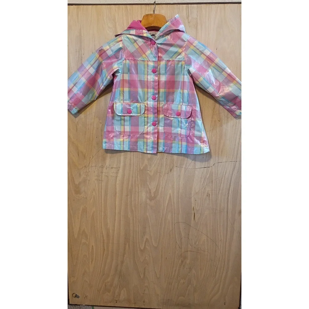 OshKosh Bgosh Girls Pastel Plaid Hooded Raincoat Retro Preppy Style Size 5